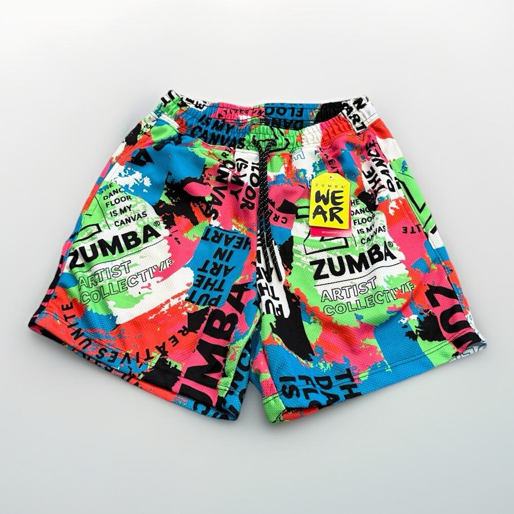 Zumba Mens Multicolor All Over Print Free To Create Mesh Shorts Size XS NWT New